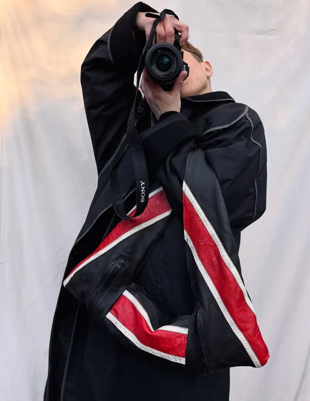 The Ordinary racer bag in black, red and white leather